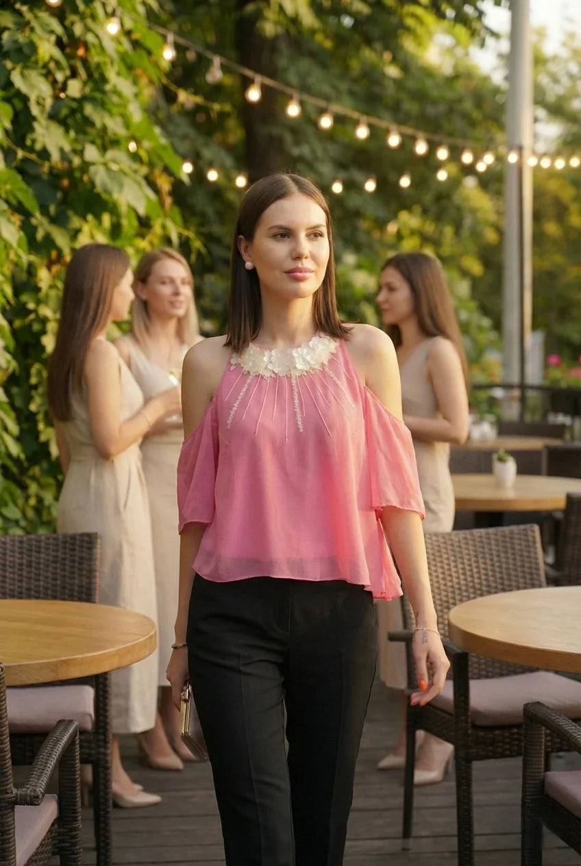 Pink Halter Top with Sequin Embroidery-1