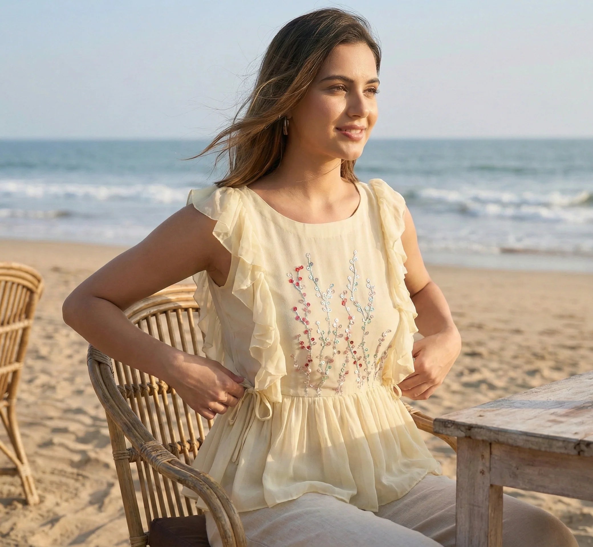 Ivory Georgette Ruffle Top with Hand-Embroidered Sequin Florals-1