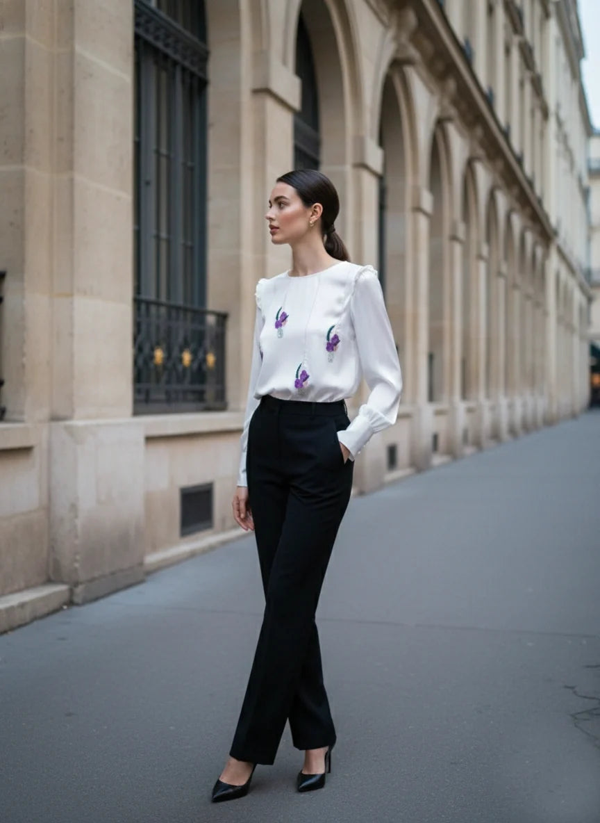 White Satin Full Sleeve Top with Hand-Embroidered Sequin Florals-3