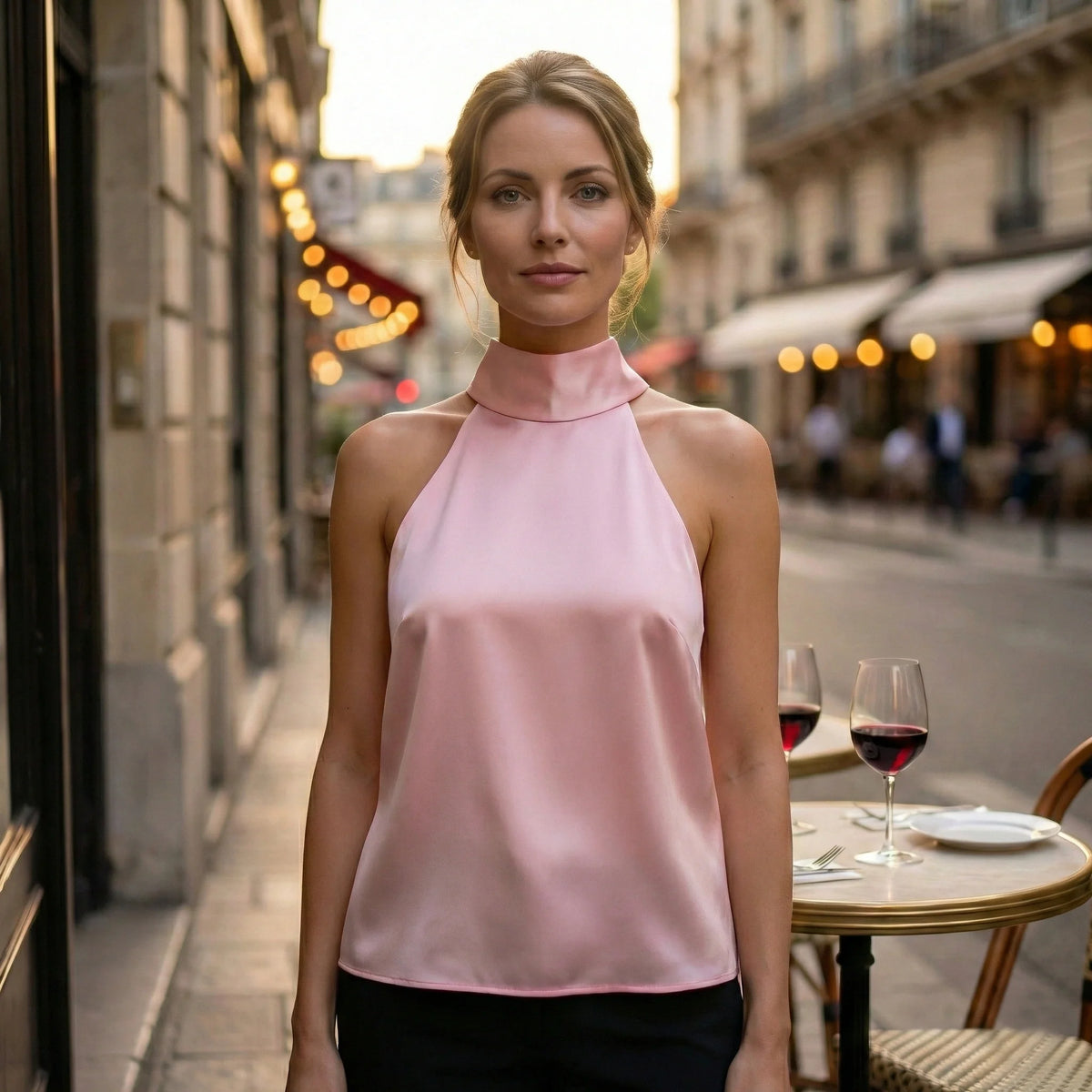 Satin Top Pink in Halter Neck Design with Bows on back and tie ups-4