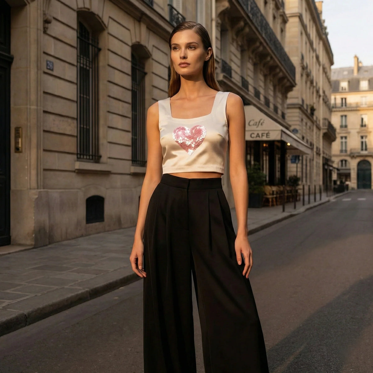 Silver Grey Duchess Satin Crop Top with Sequin Heart Embroidery-0
