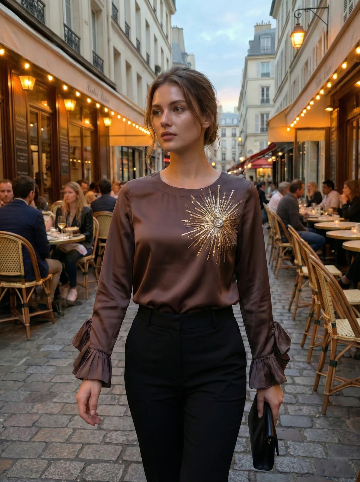 Satin Top with Hand-Embroidered Firecracker Motif and Ruffle Sleeves-0