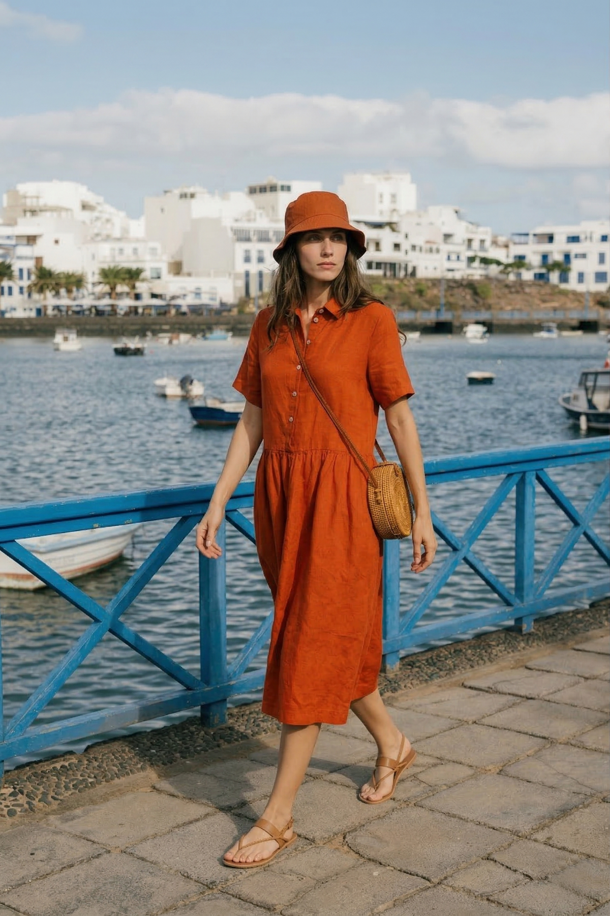 Burnt Orange Linen Midi Dress with Pockets (syncee)-0