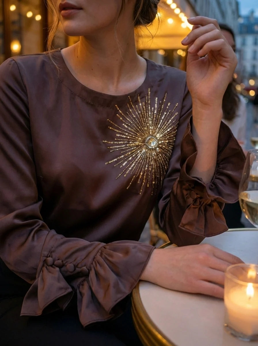 Satin Top with Hand-Embroidered Firecracker Motif and Ruffle Sleeves-2