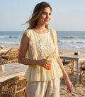 Ivory Georgette Ruffle Top with Hand-Embroidered Sequin Florals-0