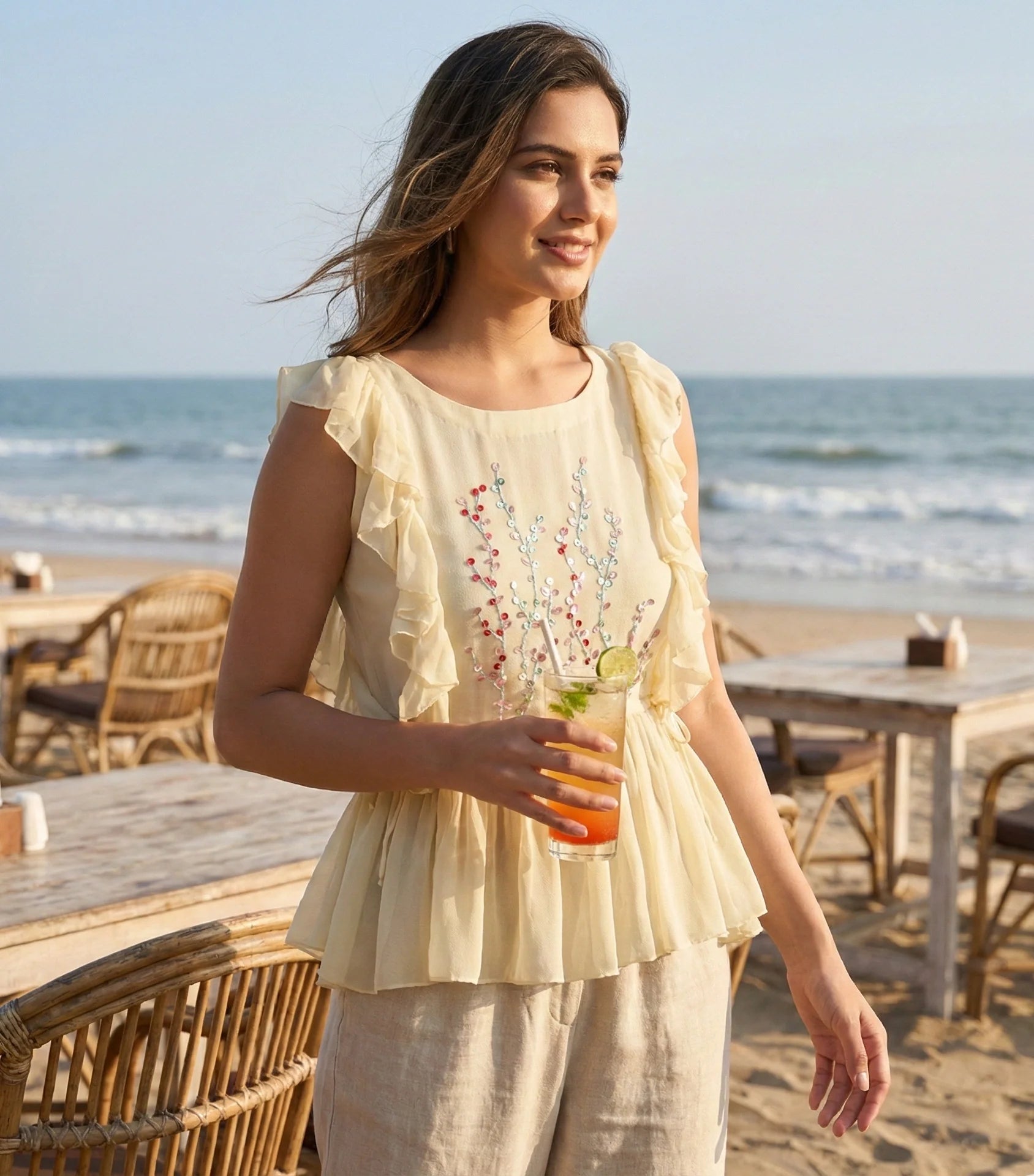 Ivory Georgette Ruffle Top with Hand-Embroidered Sequin Florals-0