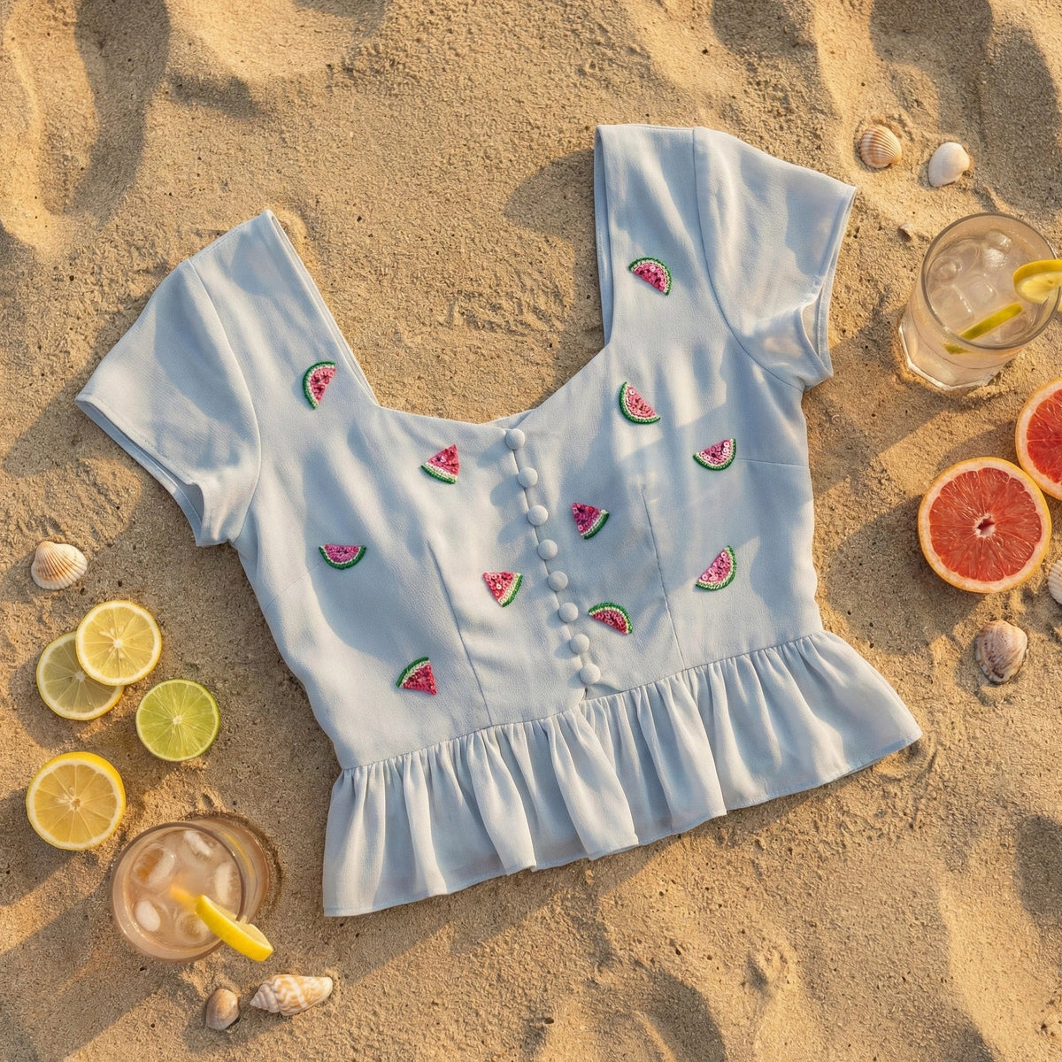 Powder Blue Crop Top with Hand-Embroidered Watermelon Motifs-2