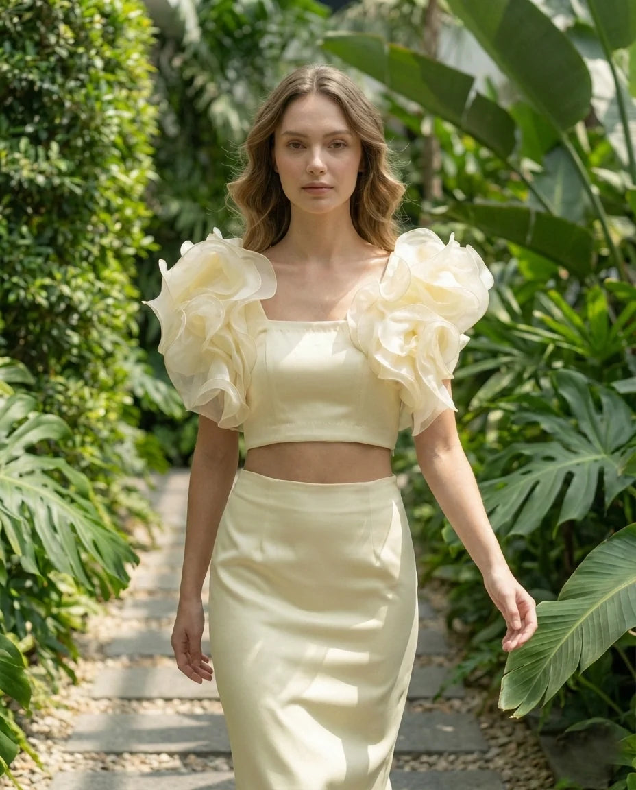 Butter Yellow Ruffle Sleeve Crop Top in Duchess Satin-3