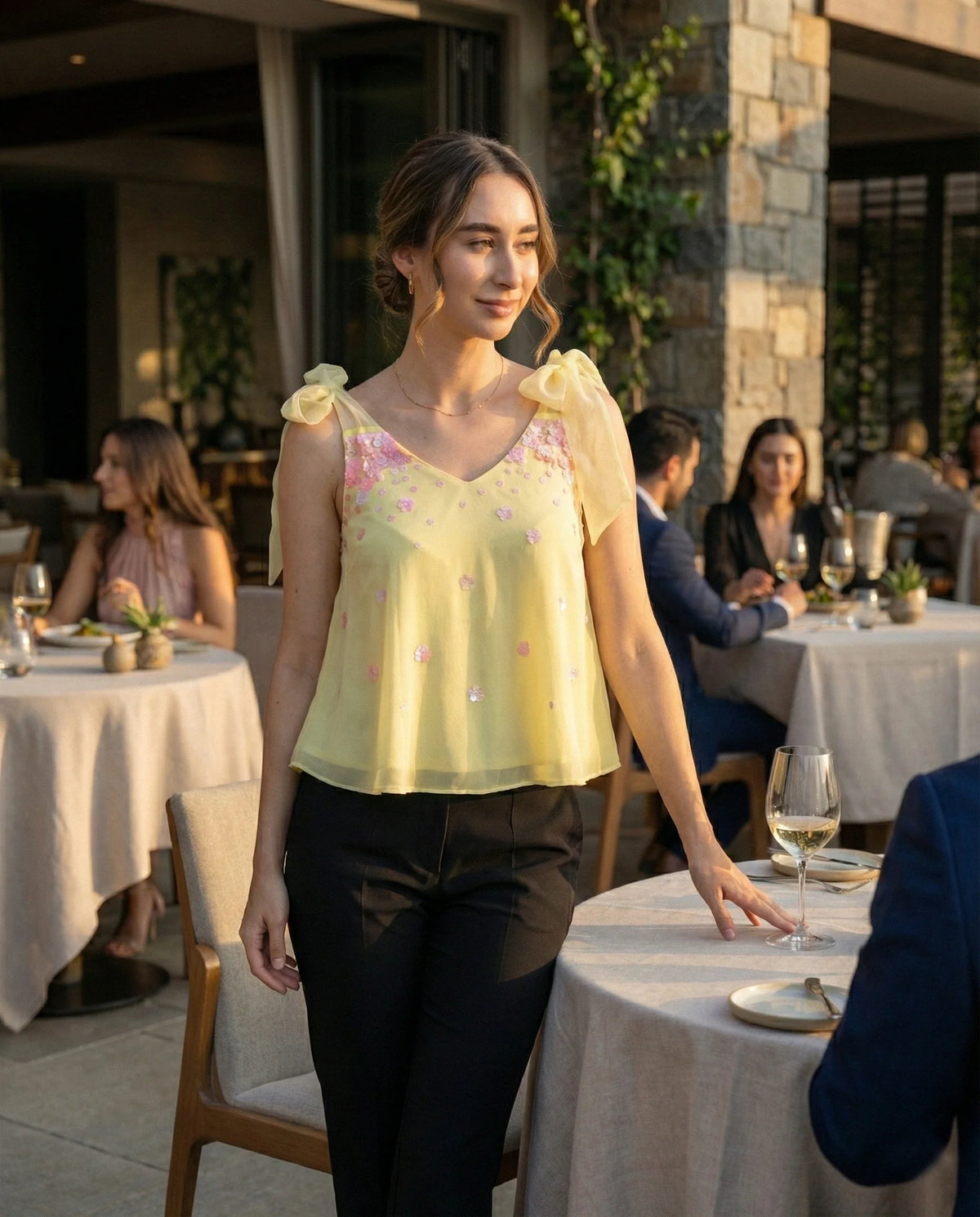 Lemon Yellow Georgette Top with Hand-Embroidered Sequin Florals-3