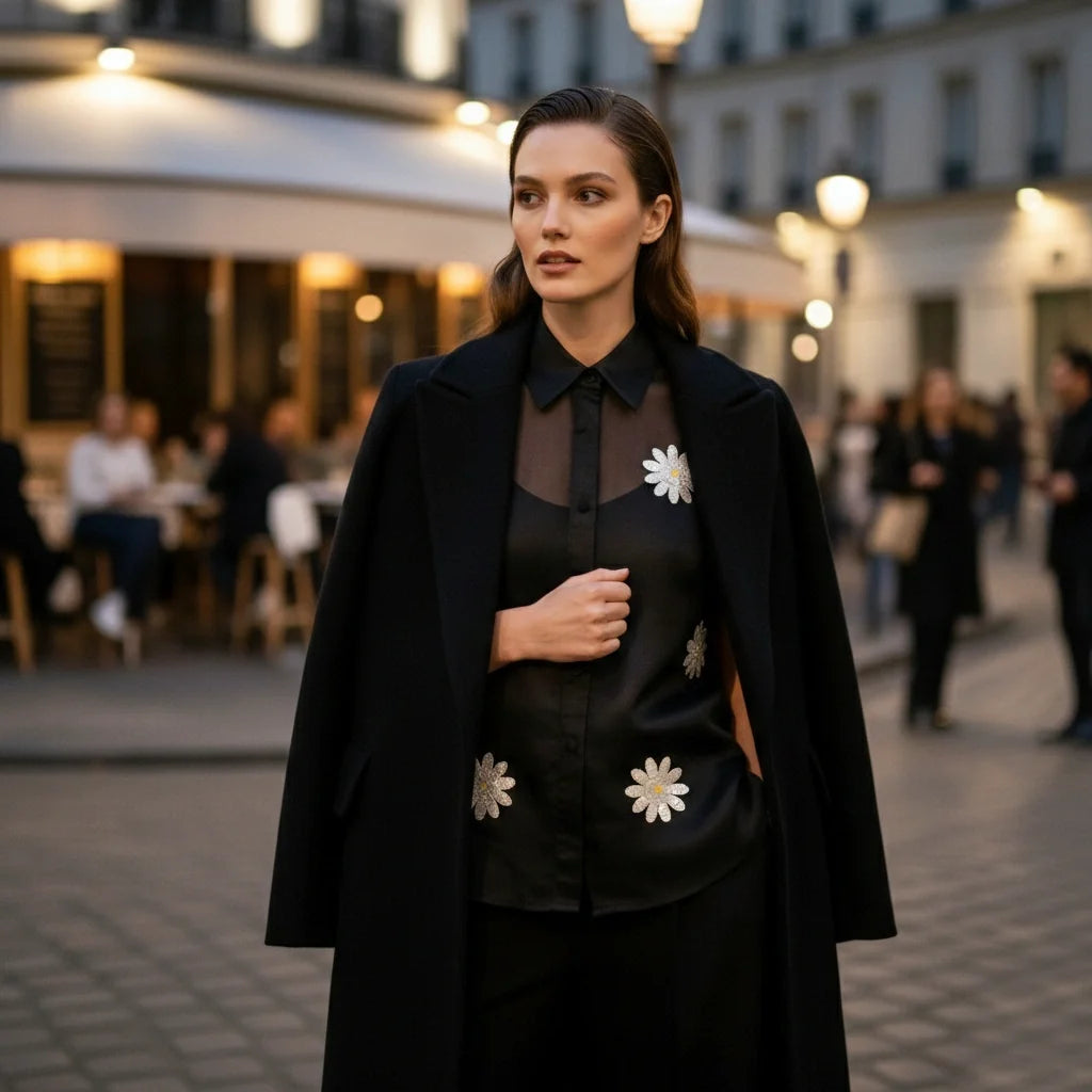 Black Organza Shirt with White Daisy Sequin Embroidery & Satin Slip-3