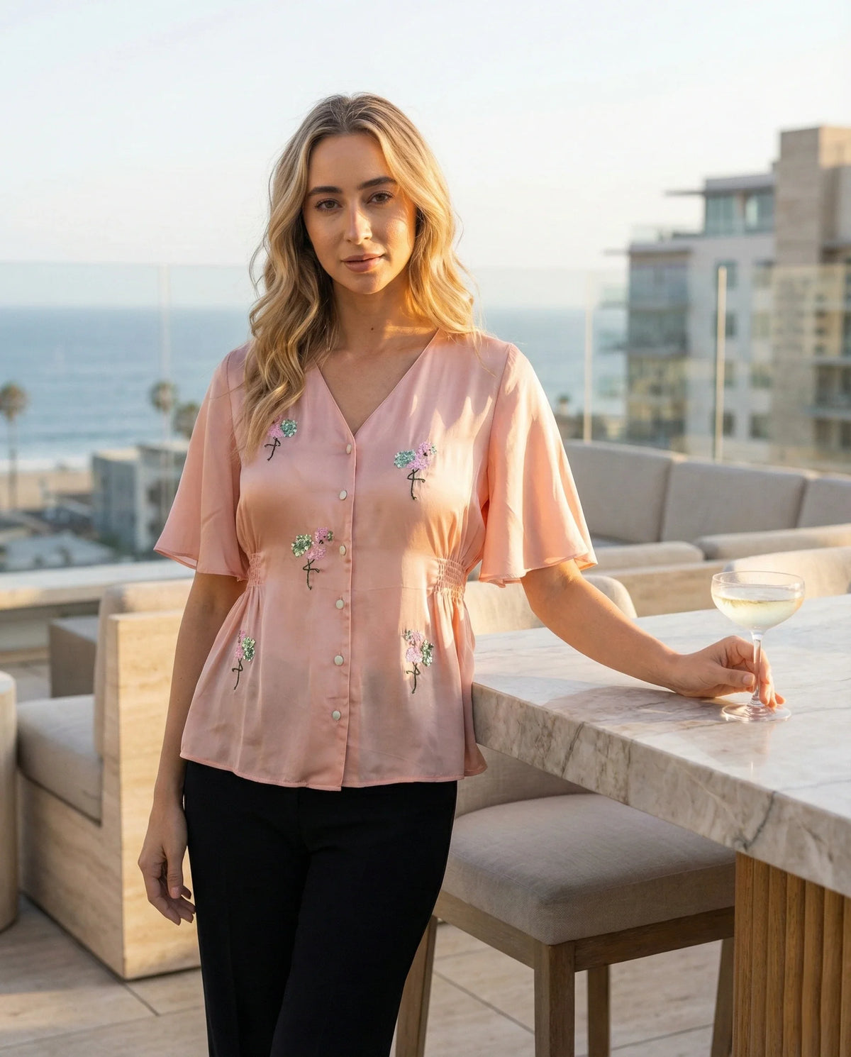 Flamingo Sequin Embroidered Top – Flutter Sleeve Button Down-0