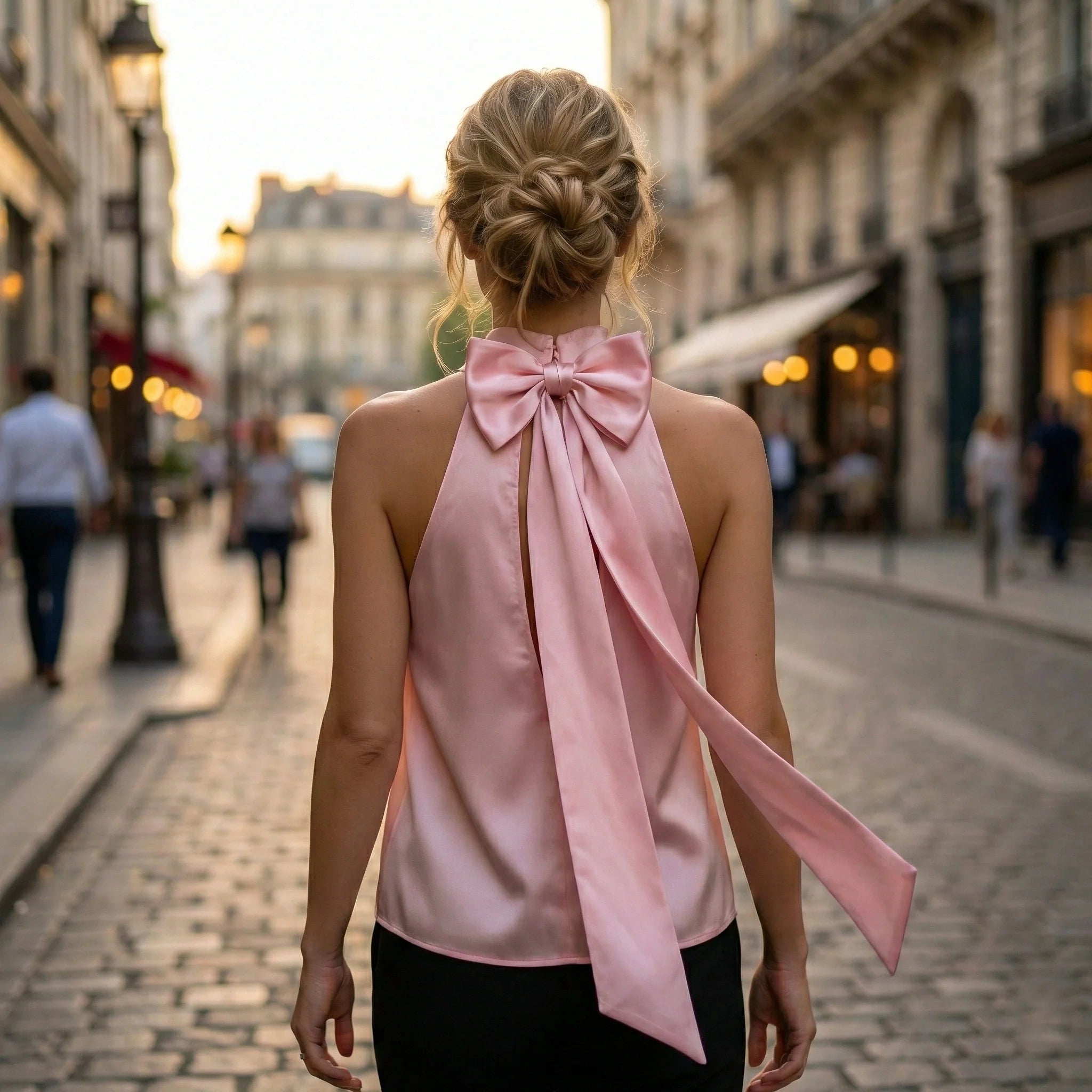 Satin Top Pink in Halter Neck Design with Bows on back and tie ups-2