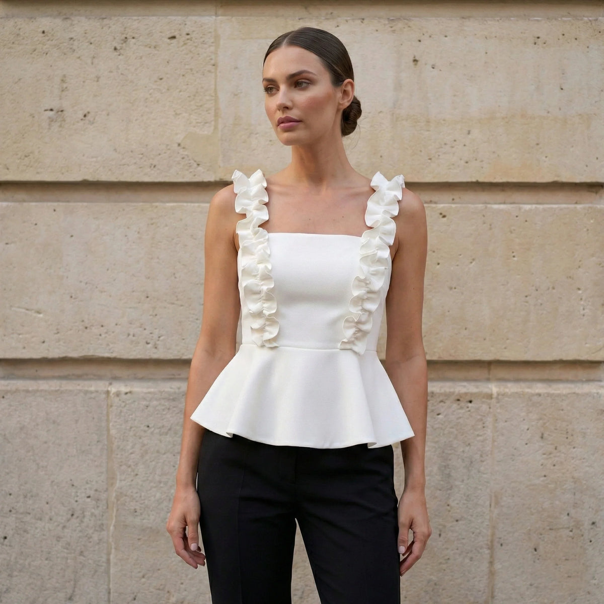 White Peplum Top with Ruffle Straps-3