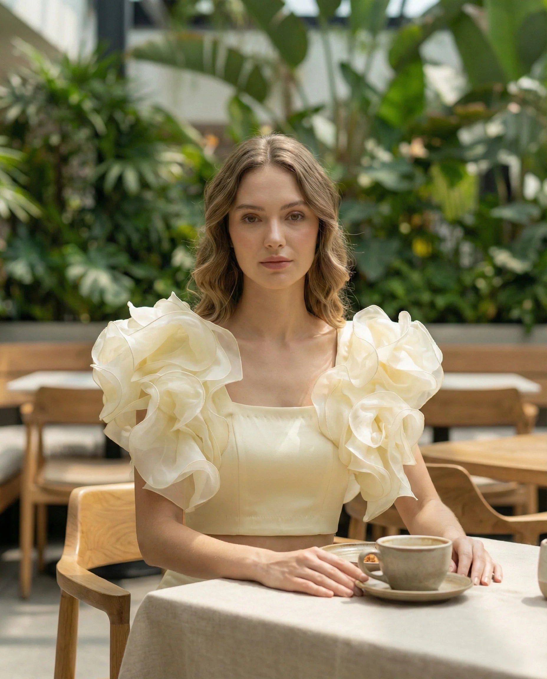 Butter Yellow Ruffle Sleeve Crop Top in Duchess Satin-4