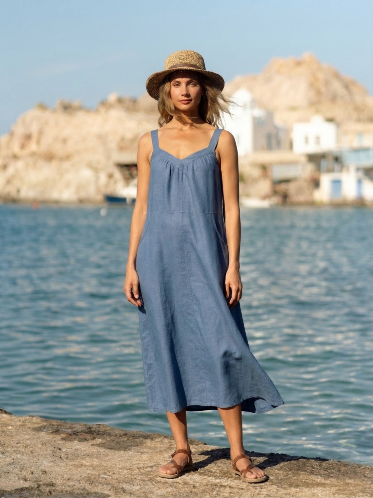 Dusty Blue Linen Midi Dress (syncee)-0