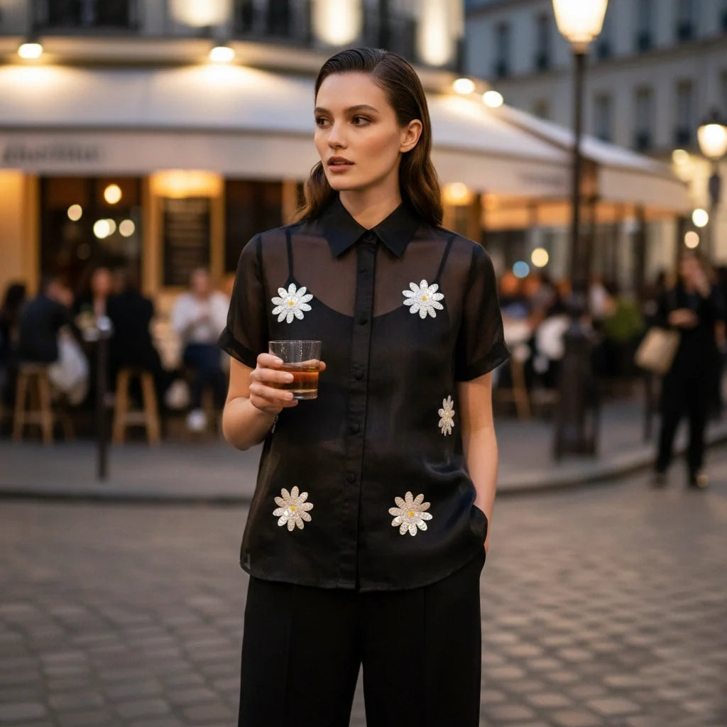 Black Organza Shirt with White Daisy Sequin Embroidery & Satin Slip-0