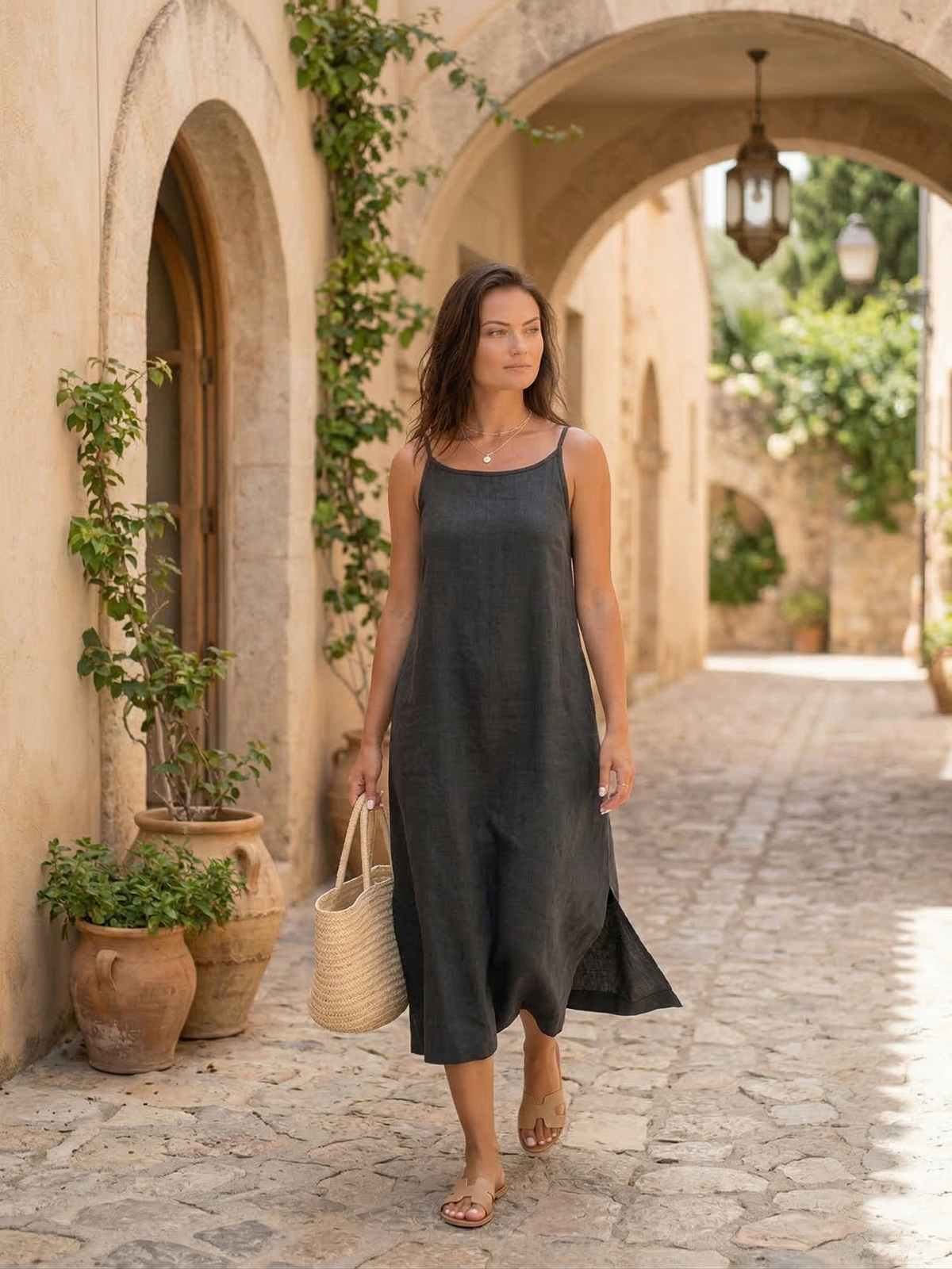 Charcoal Grey Linen Midi Dress with Side Slits (syncee)-1
