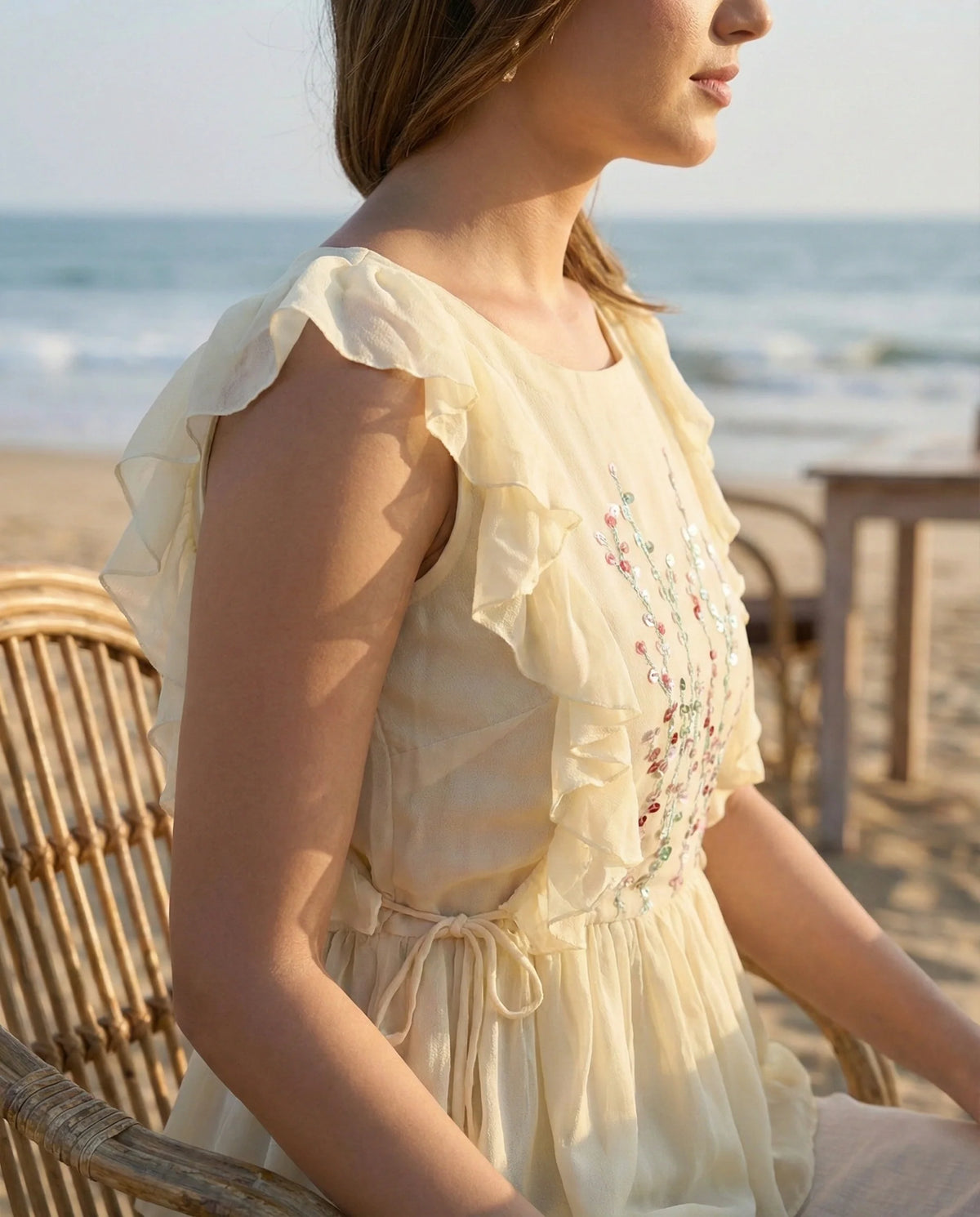Ivory Georgette Ruffle Top with Hand-Embroidered Sequin Florals-3