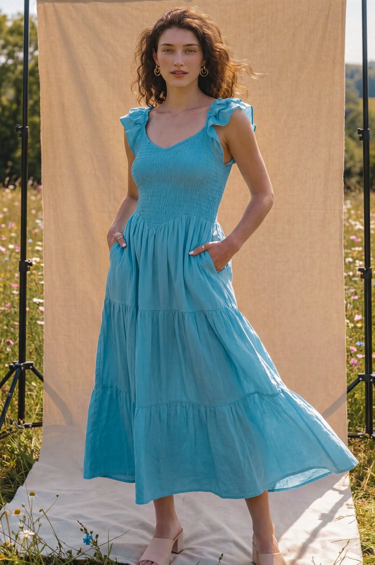 Giuseppina Smocked Linen Midi Dress-4