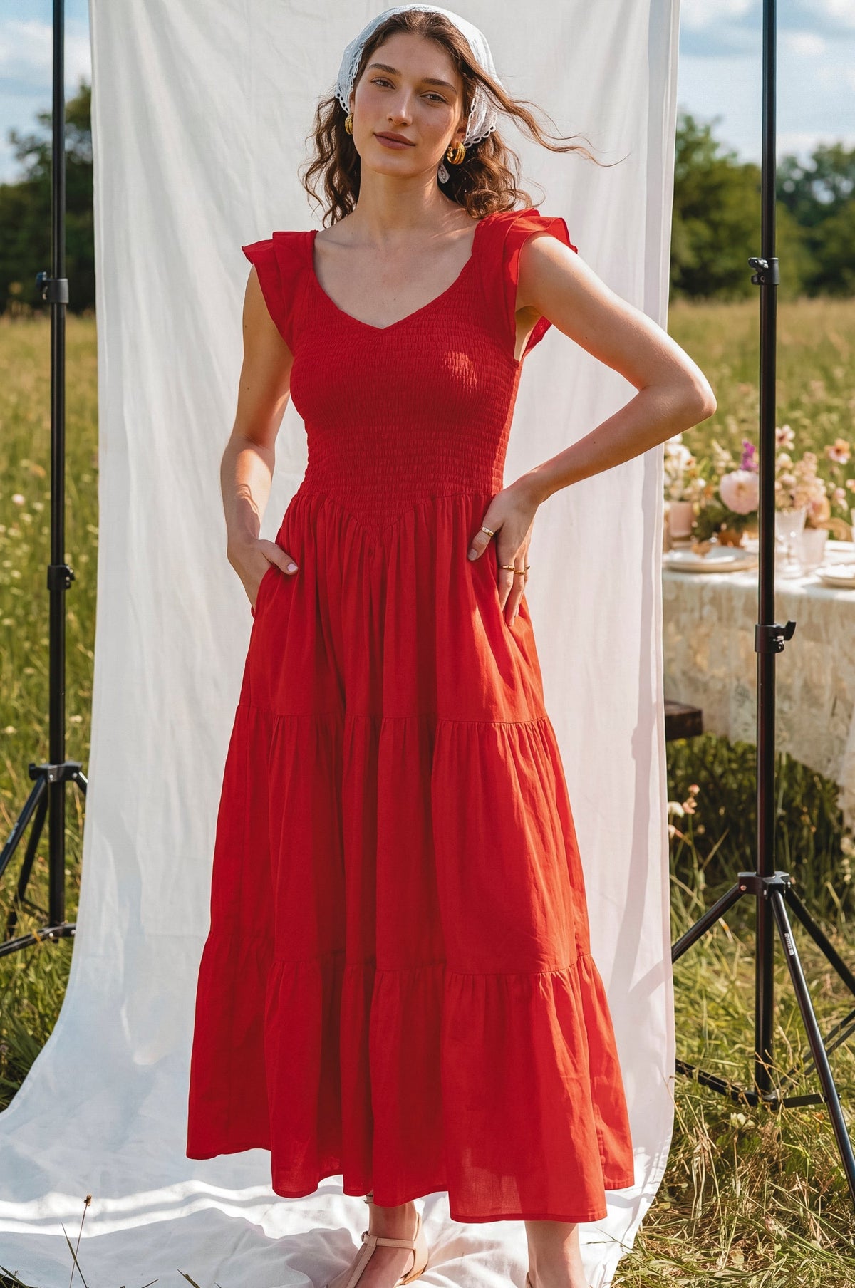 Giuseppina Smocked Linen Midi Dress-0