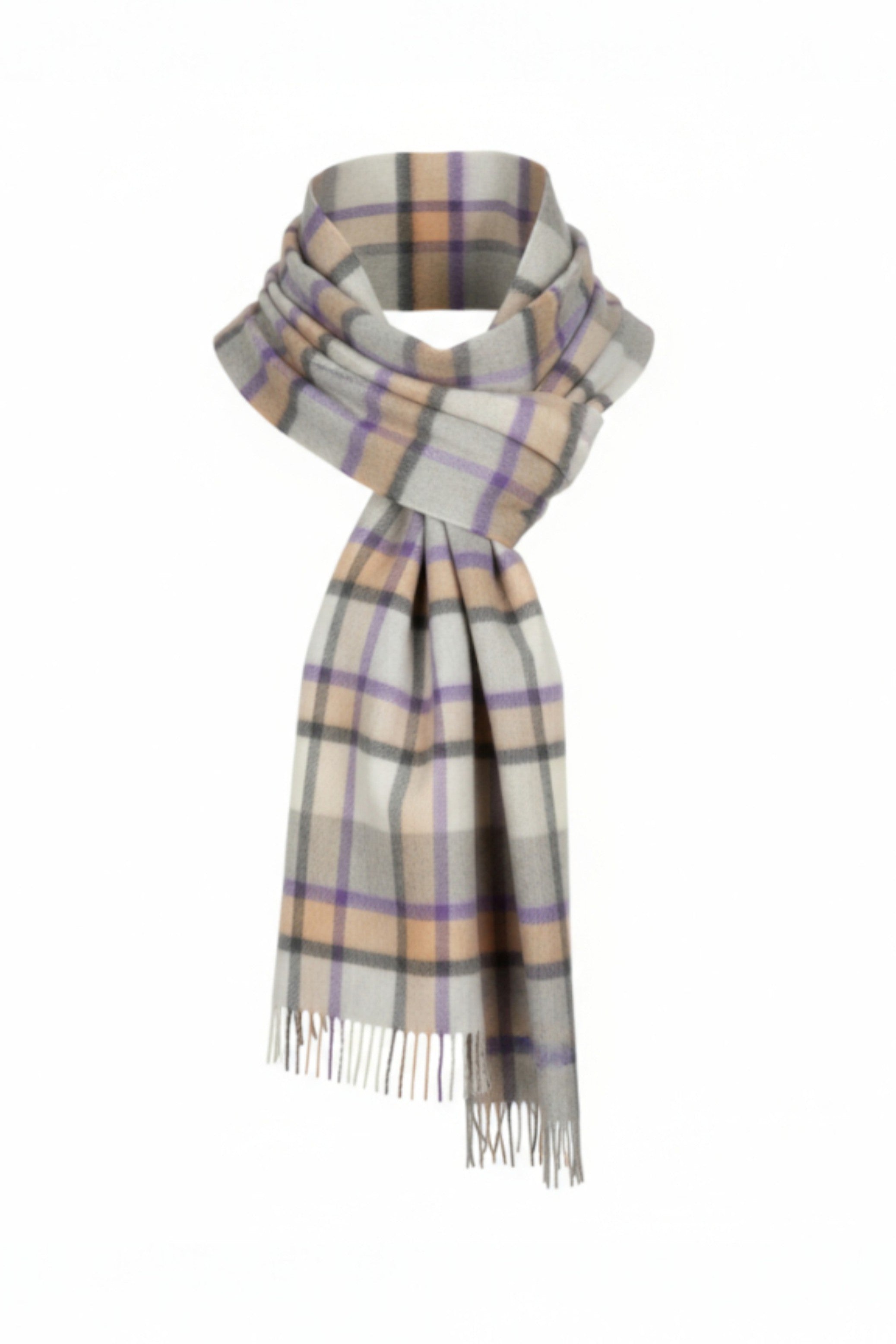 Grey, Purple and Camel Plaid Cashmere Scarf-4