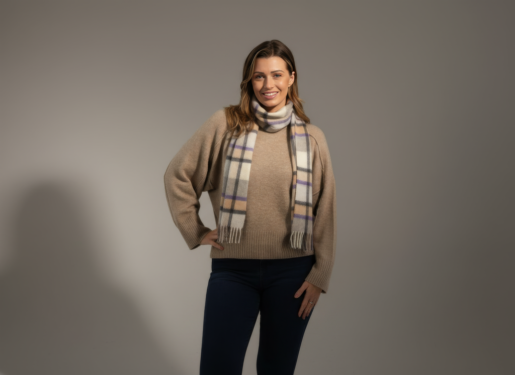 Grey, Purple and Camel Plaid Cashmere Scarf-1