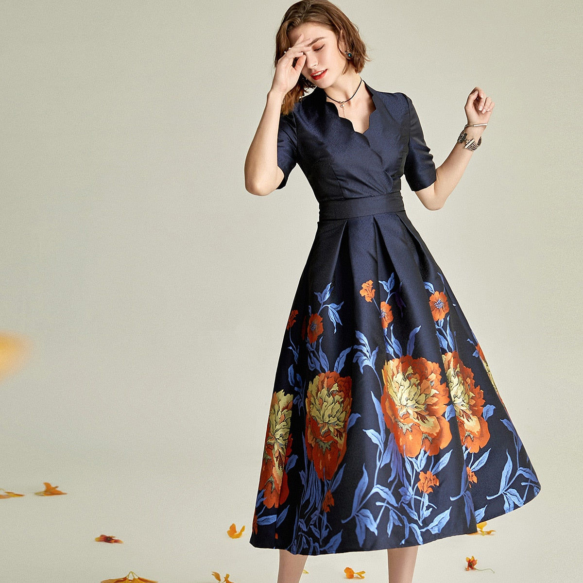 Navy blue v-neck brocade mother of the bride dress-3