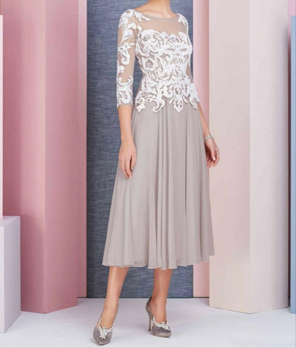 Handmade Dusty Pink 3/4 Sleeve Charming Mid-Calf Bride Dress-1