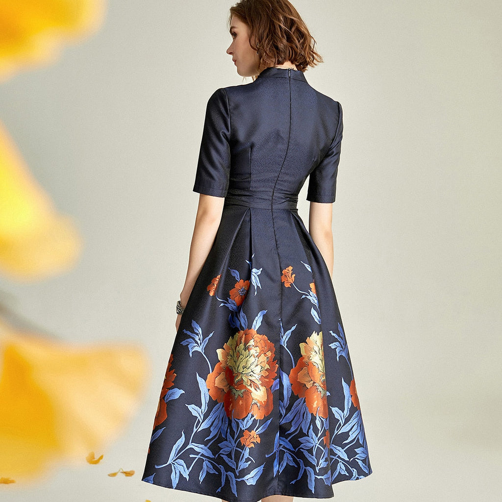 Navy blue v-neck brocade mother of the bride dress-2