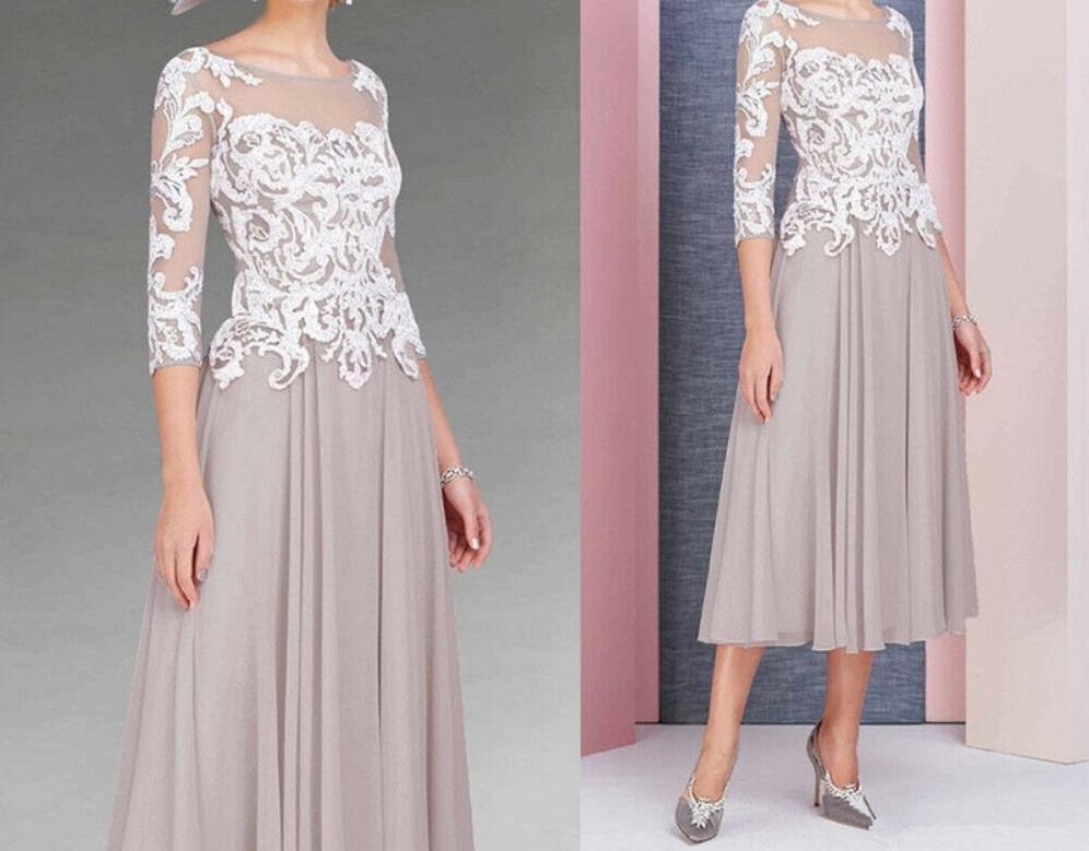 Handmade Dusty Pink 3/4 Sleeve Charming Mid-Calf Bride Dress-2