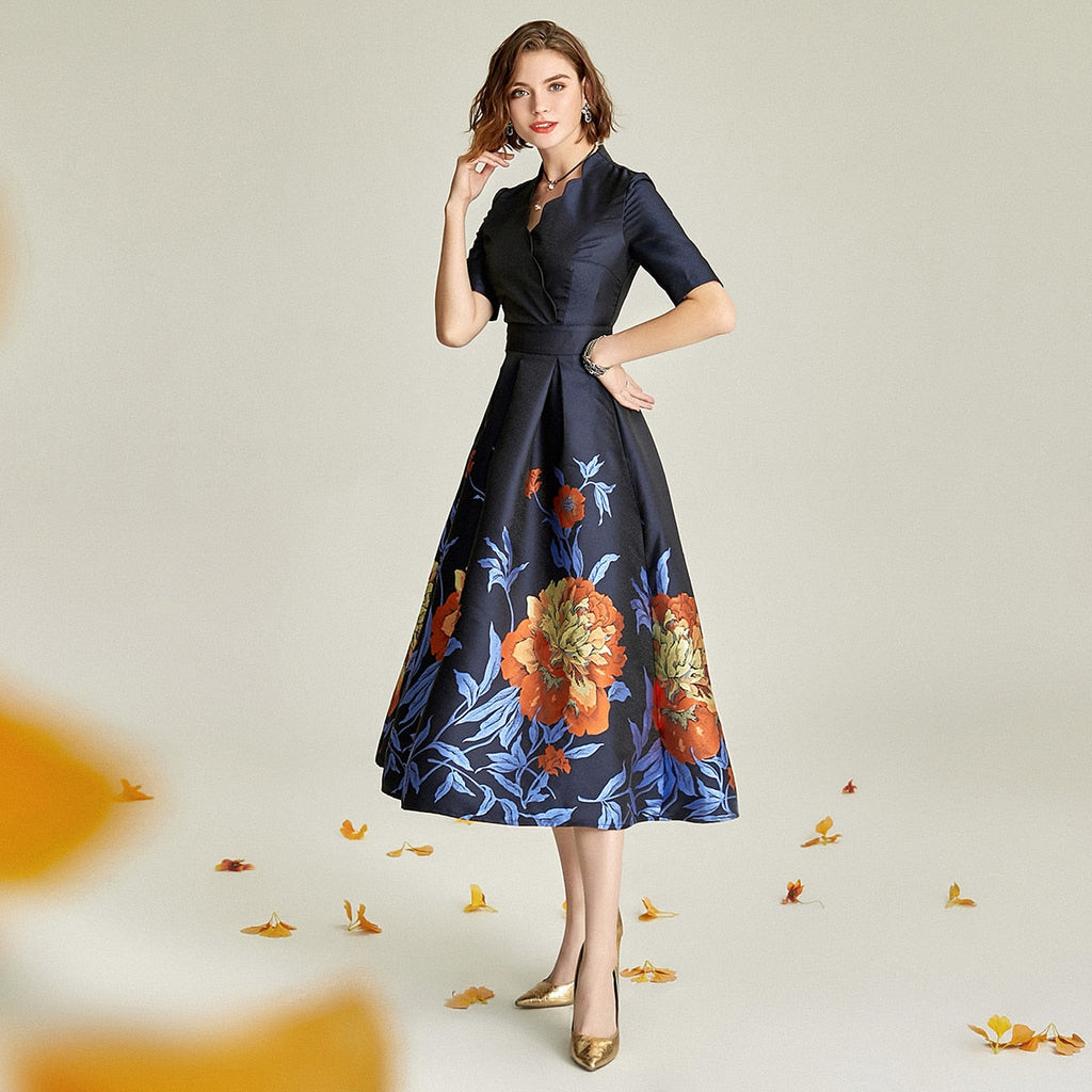 Navy blue v-neck brocade mother of the bride dress-1