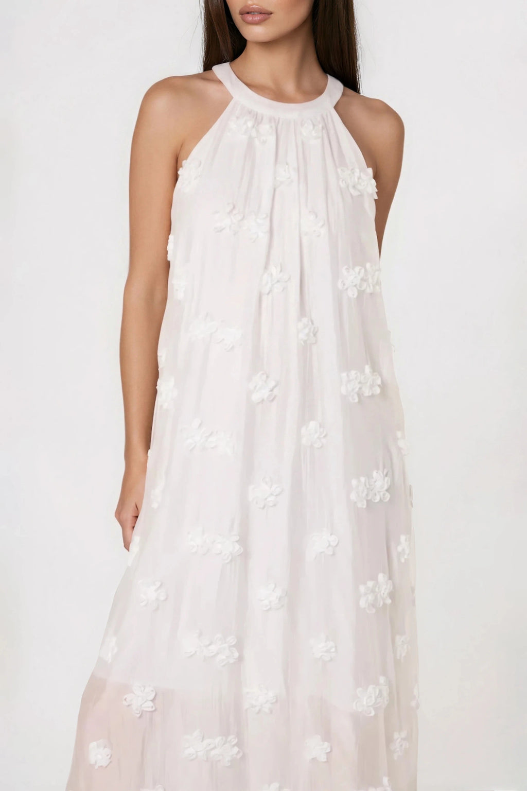 White Halterneck Flower Cotton Dress-1