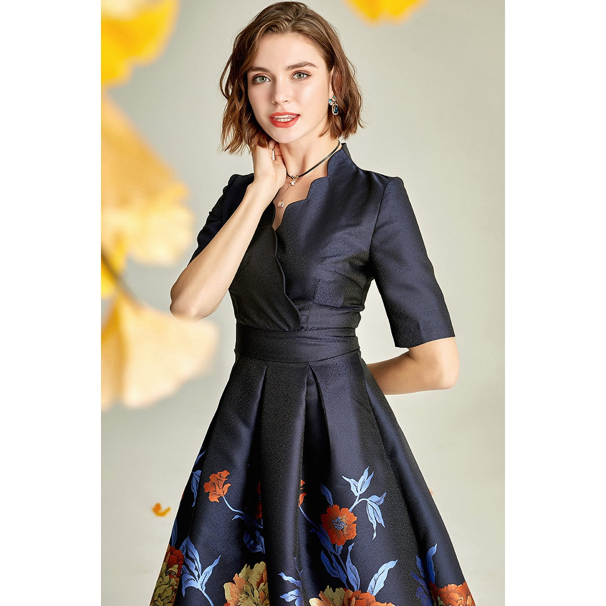 Navy blue v-neck brocade mother of the bride dress-4
