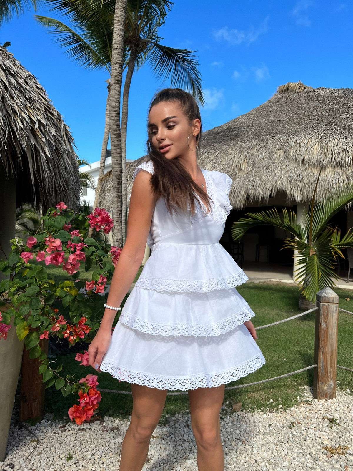 Ruffled White Mini Dress-0