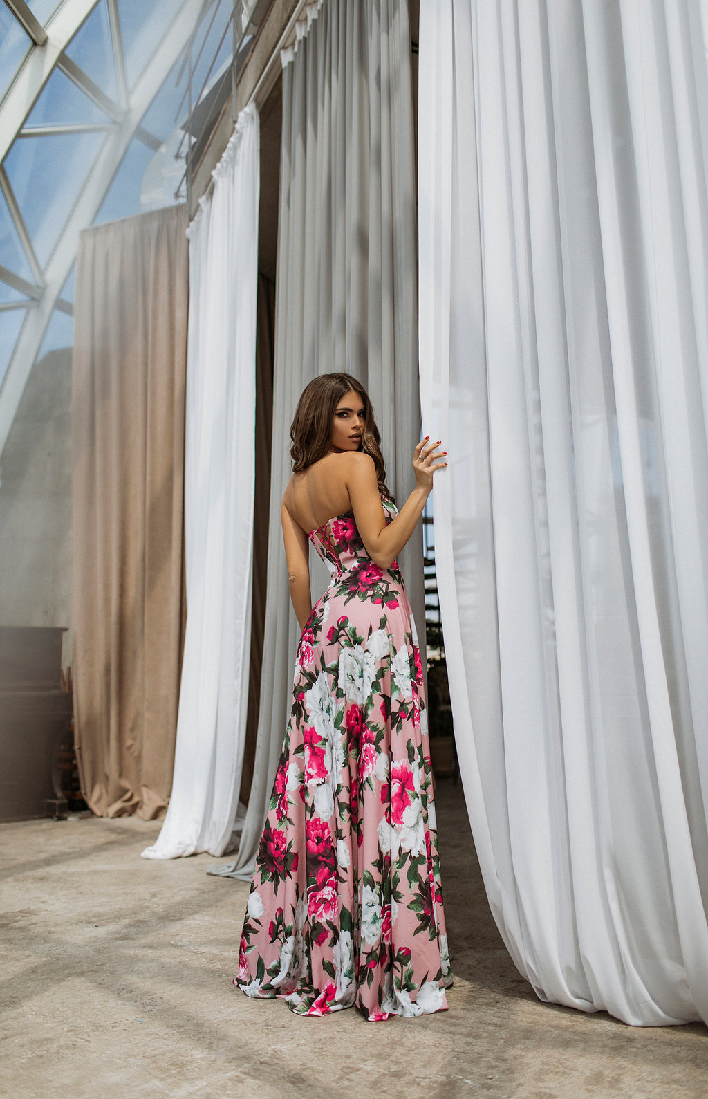 Peony floral off shoulder corset maxi dress with lace-up back, full length front view Off Shoulder Floral Corset Maxi Dress