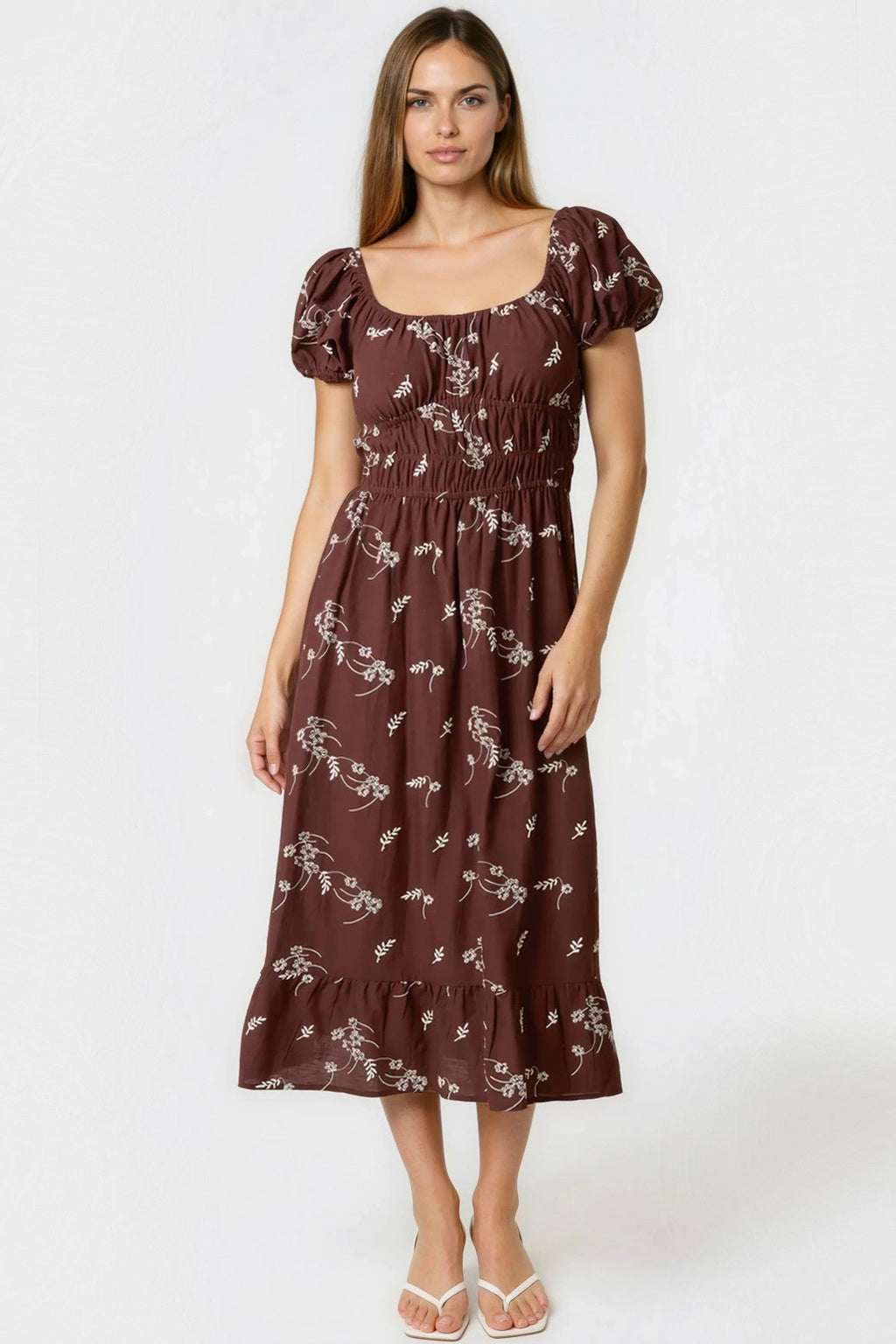 Brown Embroidered Milkmaid Midi Dress-0
