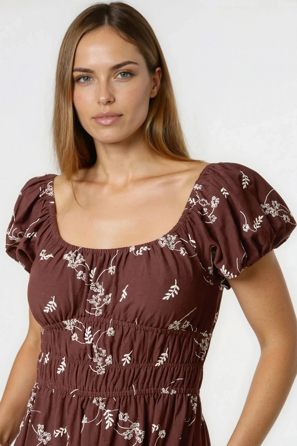 Brown Embroidered Milkmaid Midi Dress-1