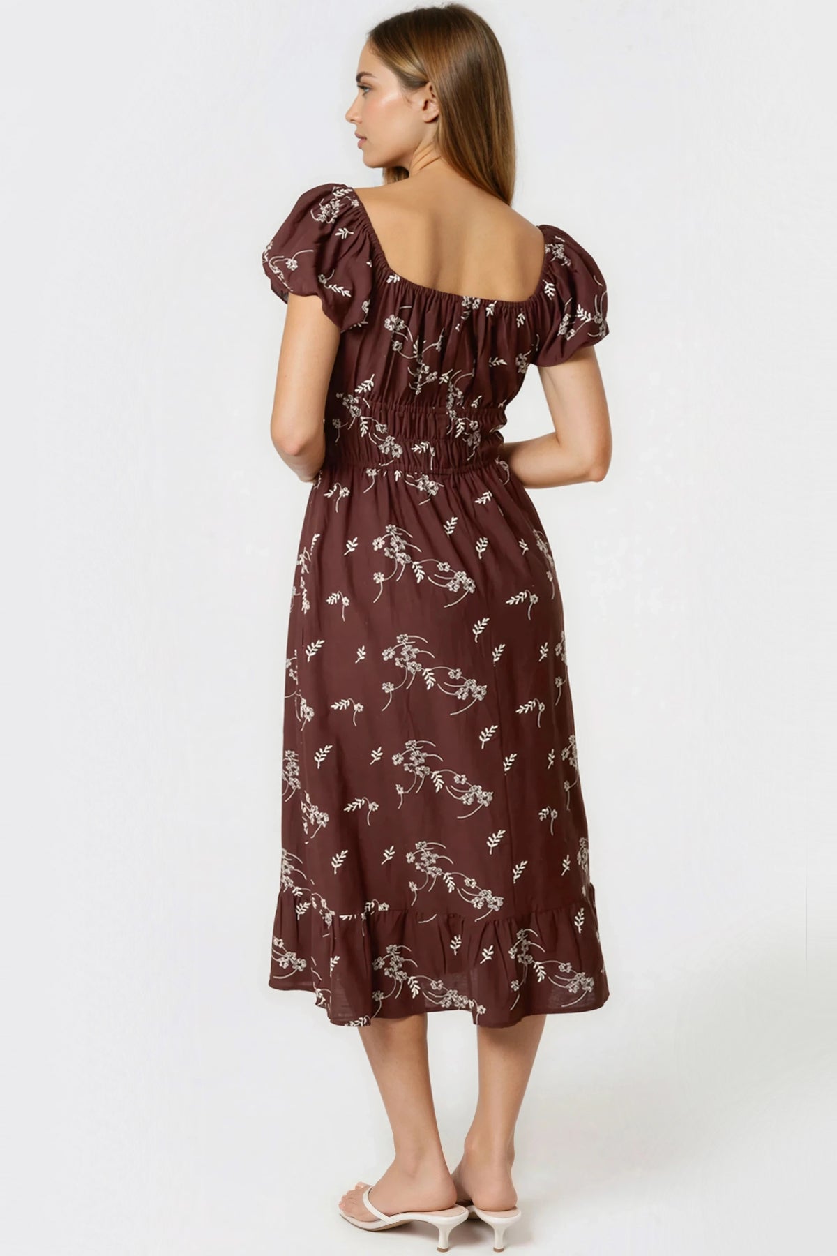 Brown Embroidered Milkmaid Midi Dress-2