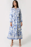 Blue Leaf Print Long Sleeve Maxi Dress-0