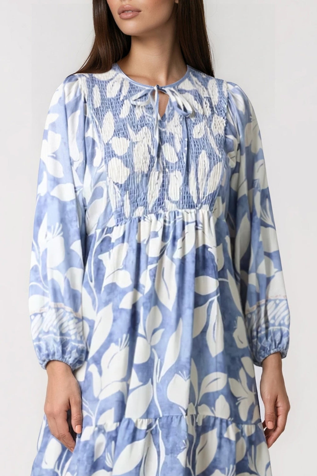Blue Leaf Print Long Sleeve Maxi Dress-1