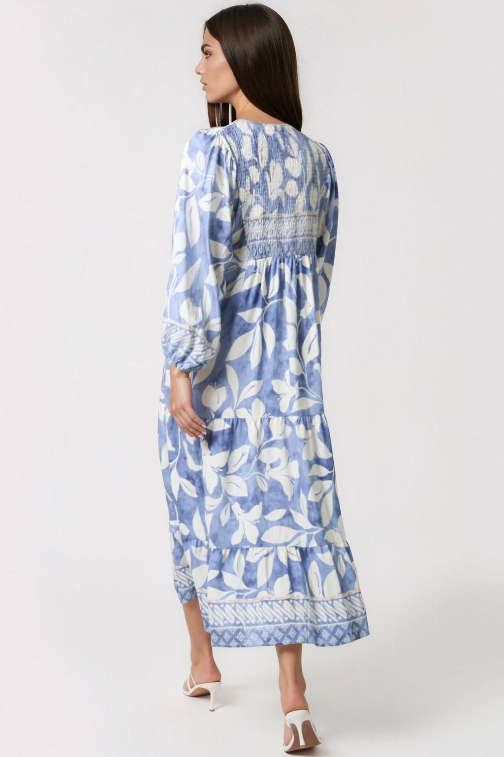 Blue Leaf Print Long Sleeve Maxi Dress-2