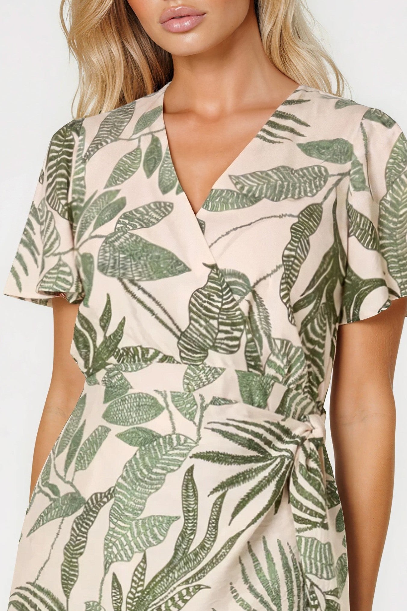 Green Leaf Print Wrap Front Mini Dress-1