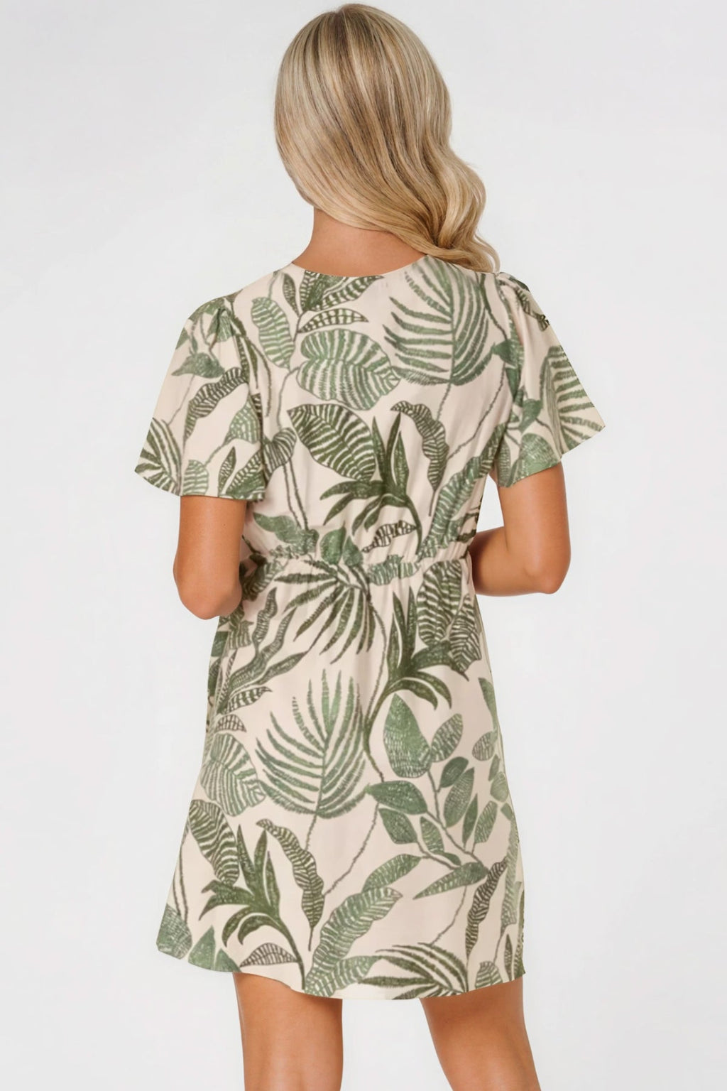 Green Leaf Print Wrap Front Mini Dress-2