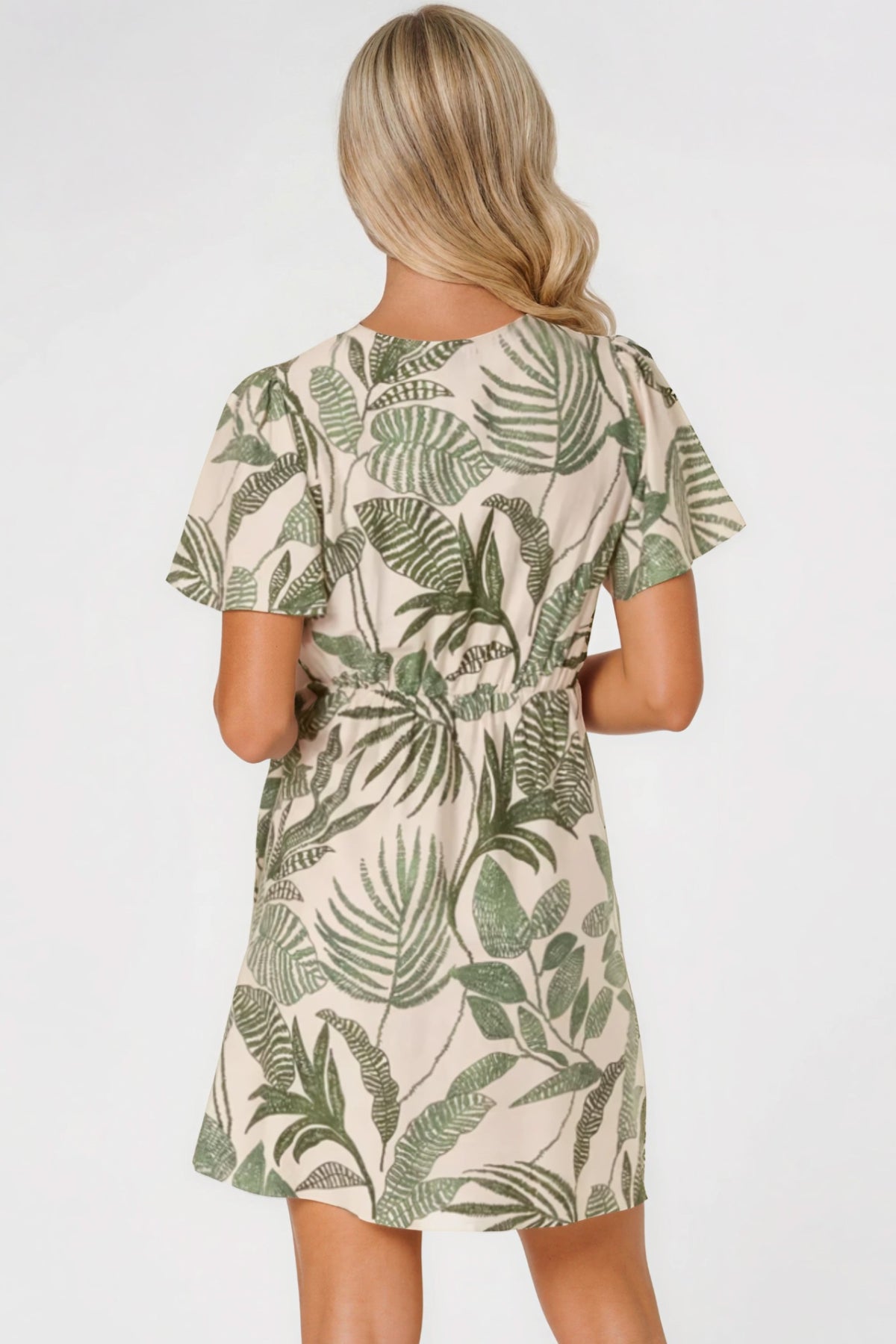 Green Leaf Print Wrap Front Mini Dress-2