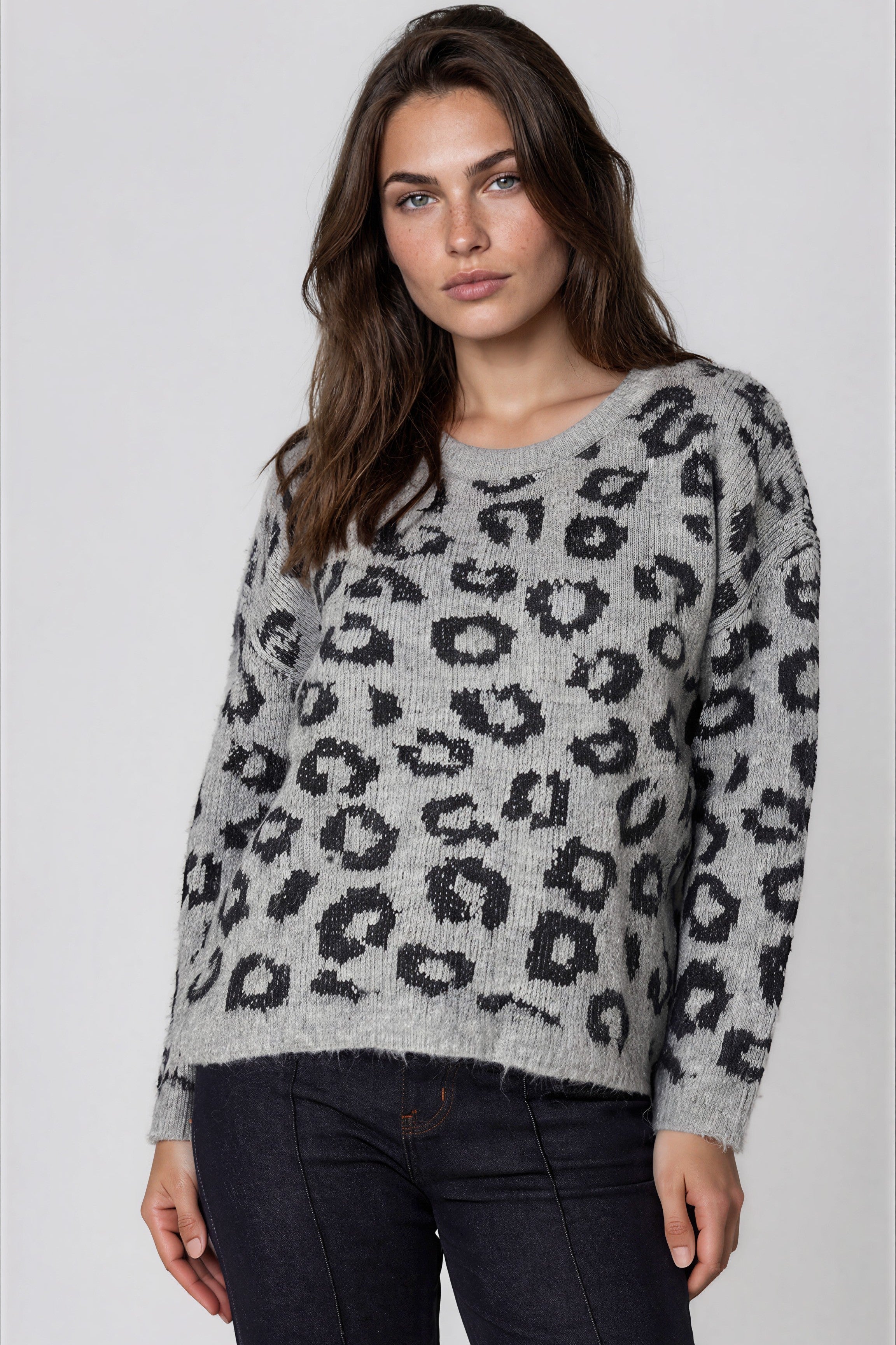 Grey Leopard Pattern Wool‑Blend Knit Jumper-0