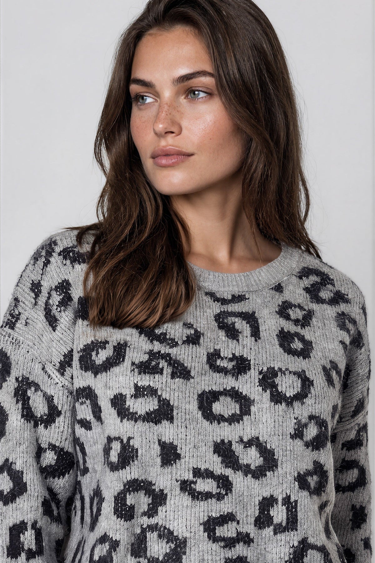 Grey Leopard Pattern Wool‑Blend Knit Jumper-1
