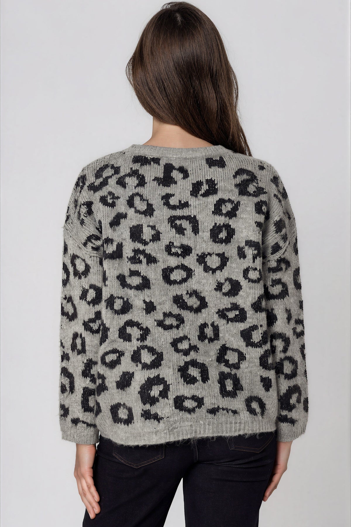 Grey Leopard Pattern Wool‑Blend Knit Jumper-2