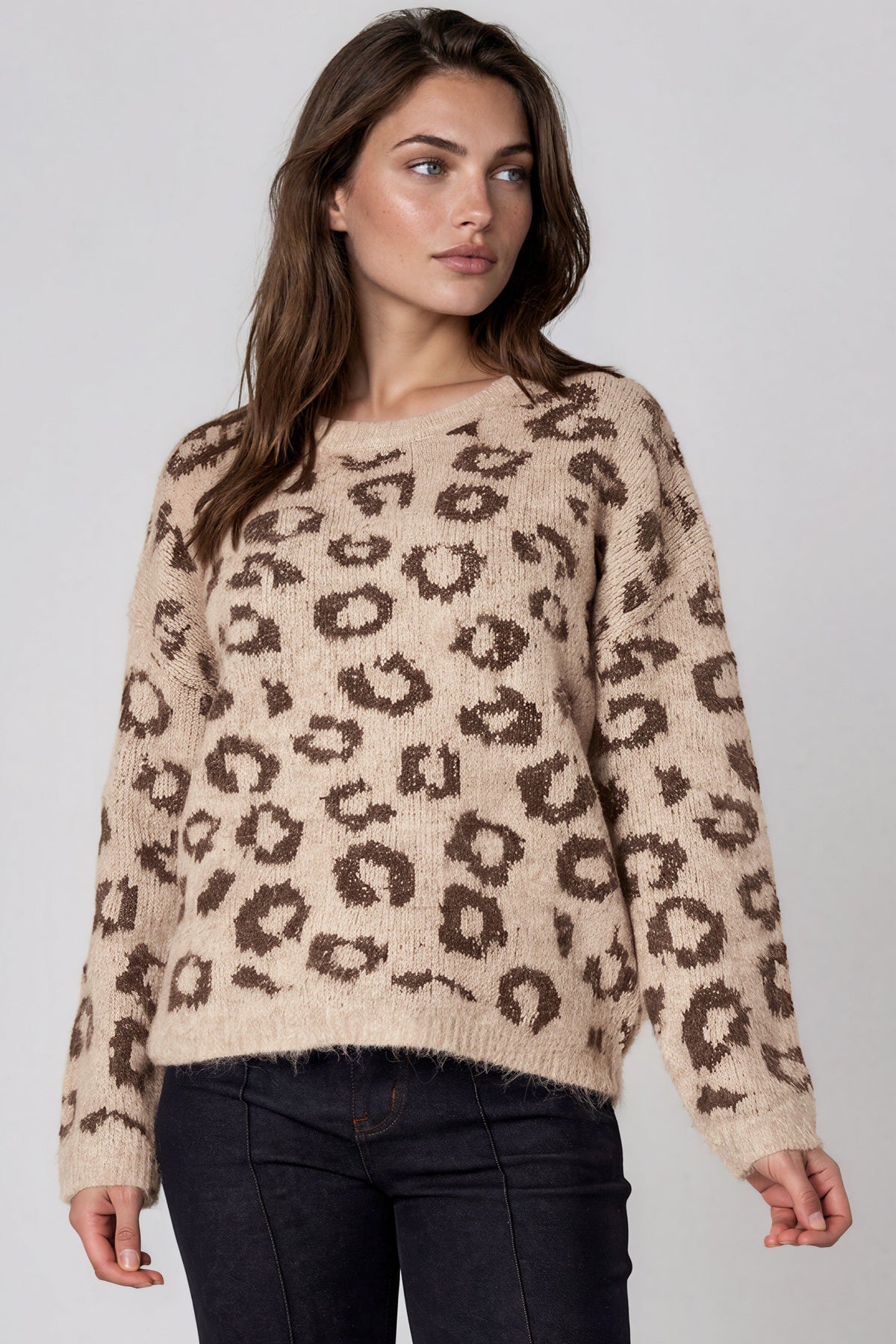 Beige Leopard Pattern Wool‑Blend Knit Jumper-0