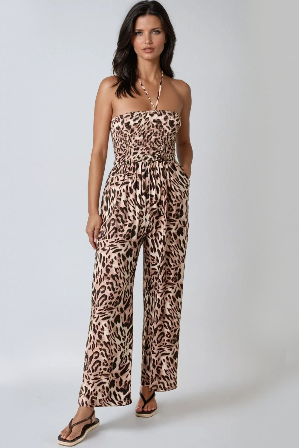 Leopard Print Shirred Jumpsuit-0