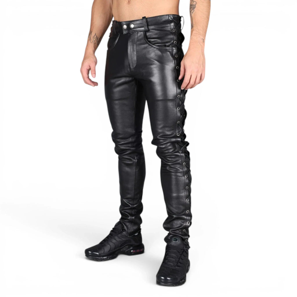Men’s Black Leather Pocket Lace up Pants-0